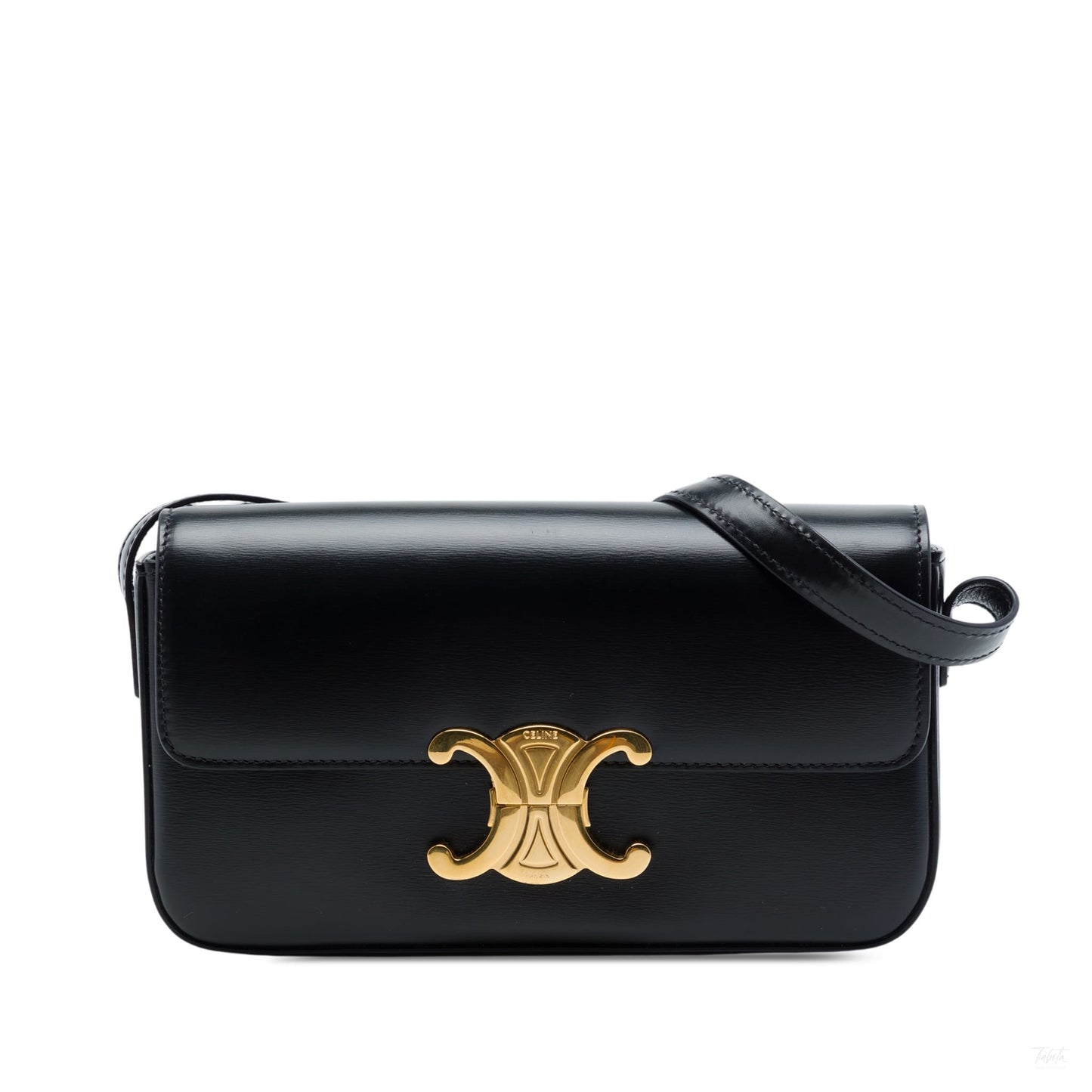 Second hand Céline Claude Shiny Calfskin Leather Triomphe Flap Shoulder Bag Black - Tabita Bags