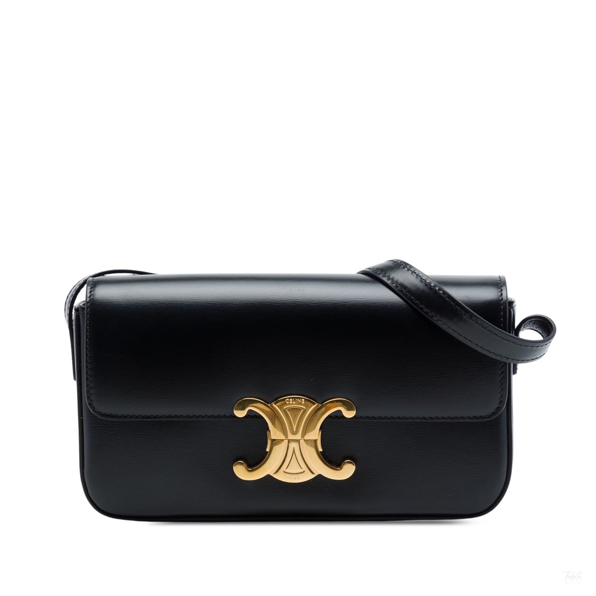 Second hand Céline Claude Shiny Calfskin Leather Triomphe Flap Shoulder Bag Black - Tabita Bags