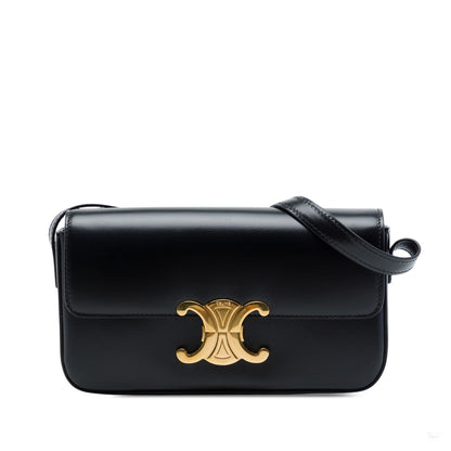 Second hand Céline Claude Shiny Calfskin Leather Triomphe Flap Shoulder Bag Black - Tabita Bags