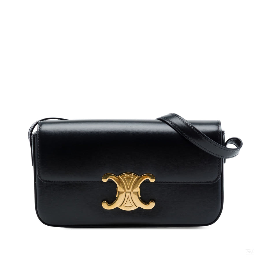 Second hand Céline Claude Shiny Calfskin Leather Triomphe Flap Shoulder Bag Black - Tabita Bags