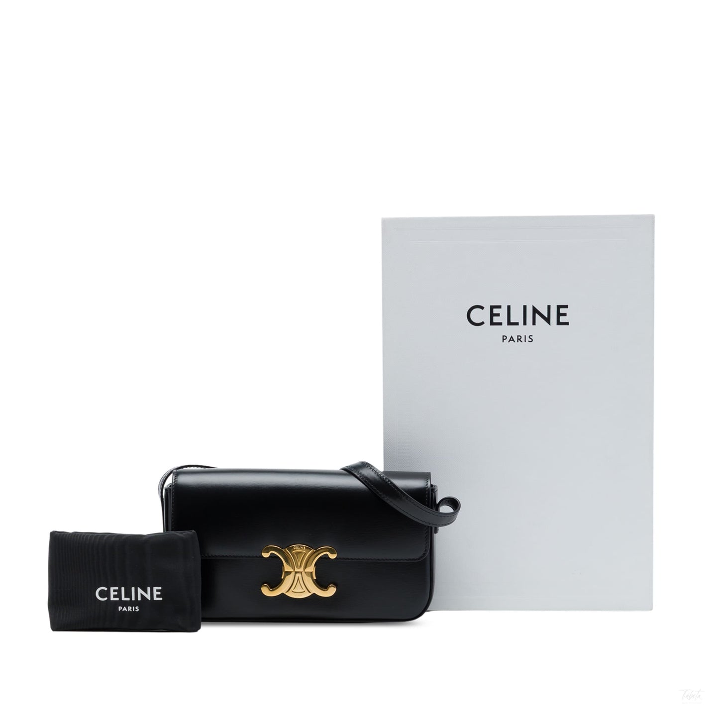 Second hand Céline Claude Shiny Calfskin Leather Triomphe Flap Shoulder Bag Black - Tabita Bags