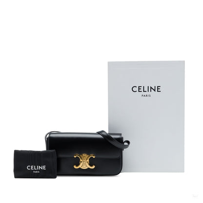 Second hand Céline Claude Shiny Calfskin Leather Triomphe Flap Shoulder Bag Black - Tabita Bags