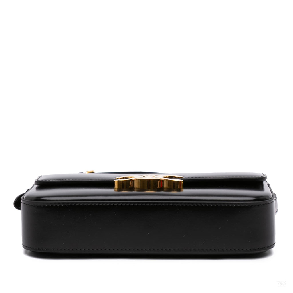 Second hand Céline Claude Shiny Calfskin Leather Triomphe Flap Shoulder Bag Black - Tabita Bags
