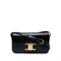 Second hand Céline Claude Shiny Calfskin Leather Triomphe Flap Shoulder Bag Black - Tabita Bags