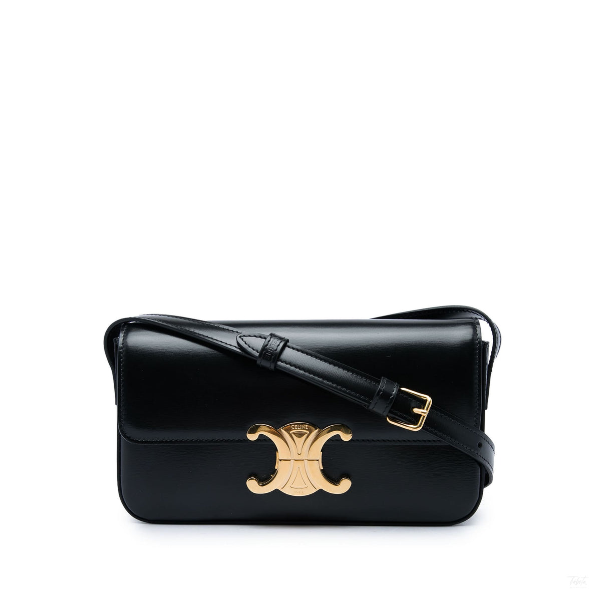 Second hand Céline Claude Shiny Calfskin Leather Triomphe Flap Shoulder Bag Black - Tabita Bags