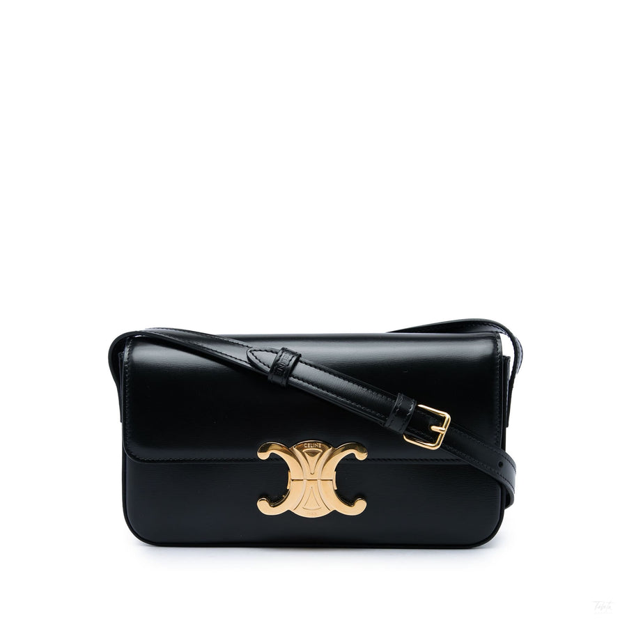 Second hand Céline Claude Shiny Calfskin Leather Triomphe Flap Shoulder Bag Black - Tabita Bags