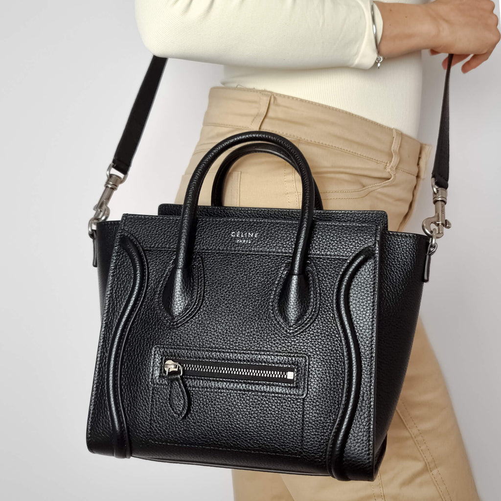 Second hand Céline Luggage Nano Drummed Calfskin Leather 2 - Ways Tote Bag Black - Tabita Bags
