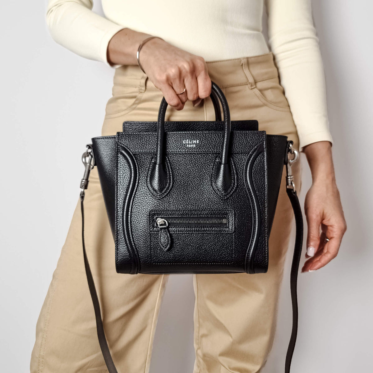 Second hand Céline Luggage Nano Drummed Calfskin Leather 2 - Ways Tote Bag Black - Tabita Bags