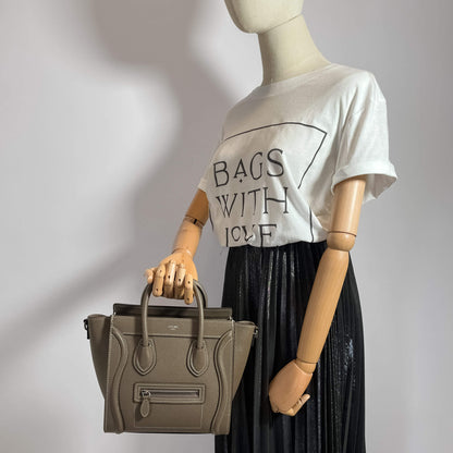 Second hand Céline Luggage Nano Drummed Calfskin Leather 2-Ways Tote Bag Grey - Tabita Bags