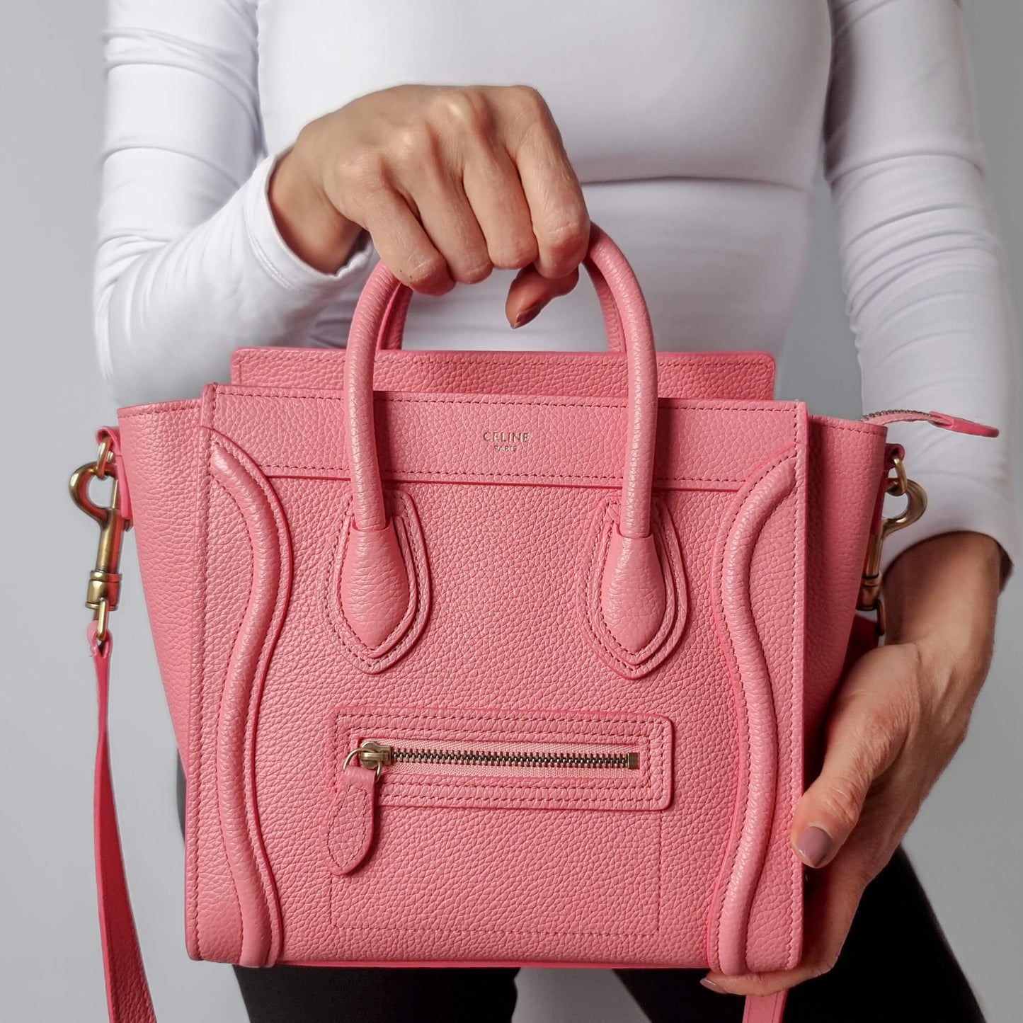 Second hand Céline Luggage Nano Drummed Calfskin Leather 2 - Ways Tote Bag Pink - Tabita Bags