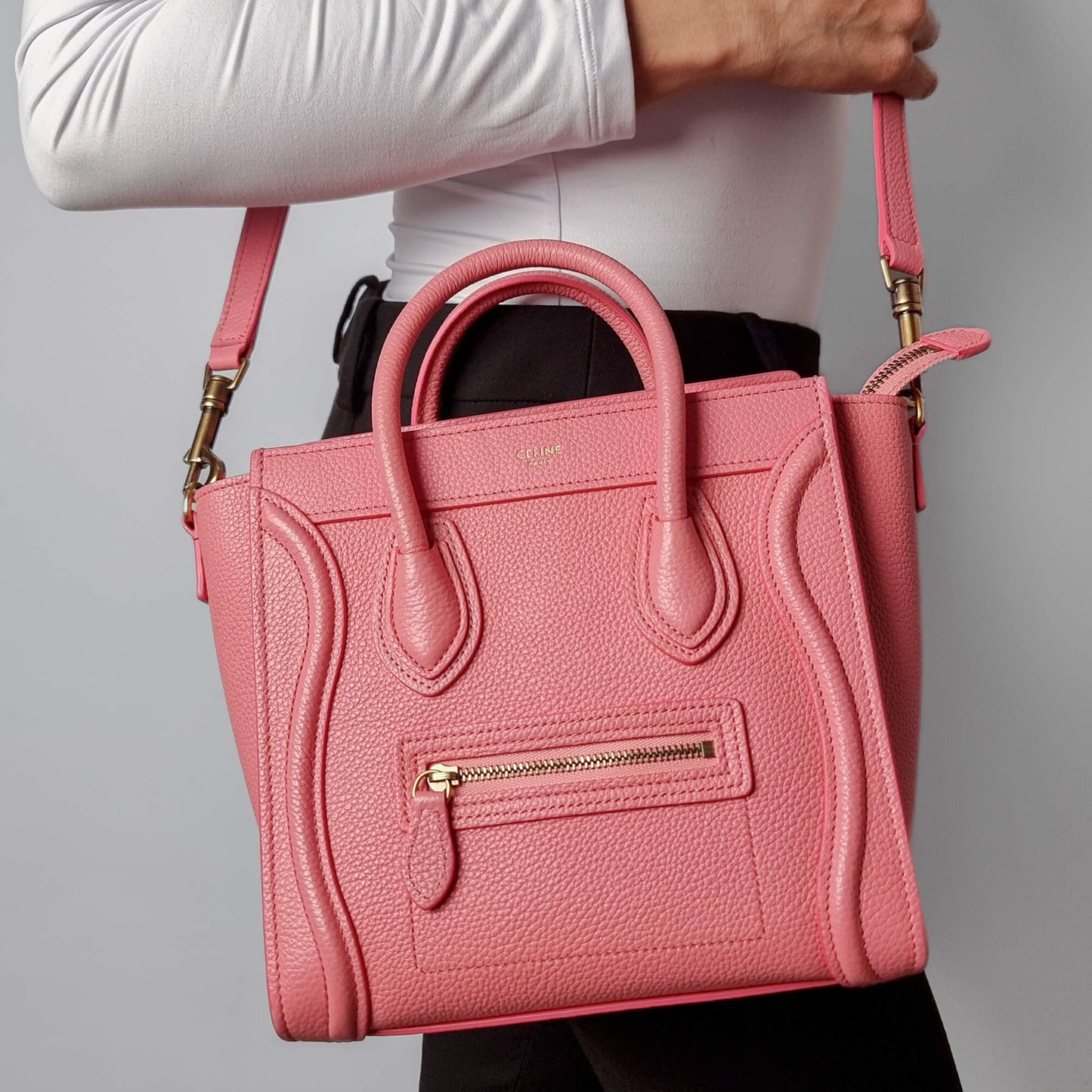 Second hand Céline Luggage Nano Drummed Calfskin Leather 2 - Ways Tote Bag Pink - Tabita Bags