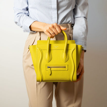 Second hand Céline Luggage Nano Drummed Calfskin Leather 2 - Ways Tote Bag Yellow - Tabita Bags