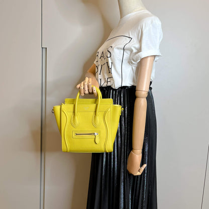 Second hand Céline Luggage Nano Drummed Calfskin Leather 2-Ways Tote Bag Yellow - Tabita Bags