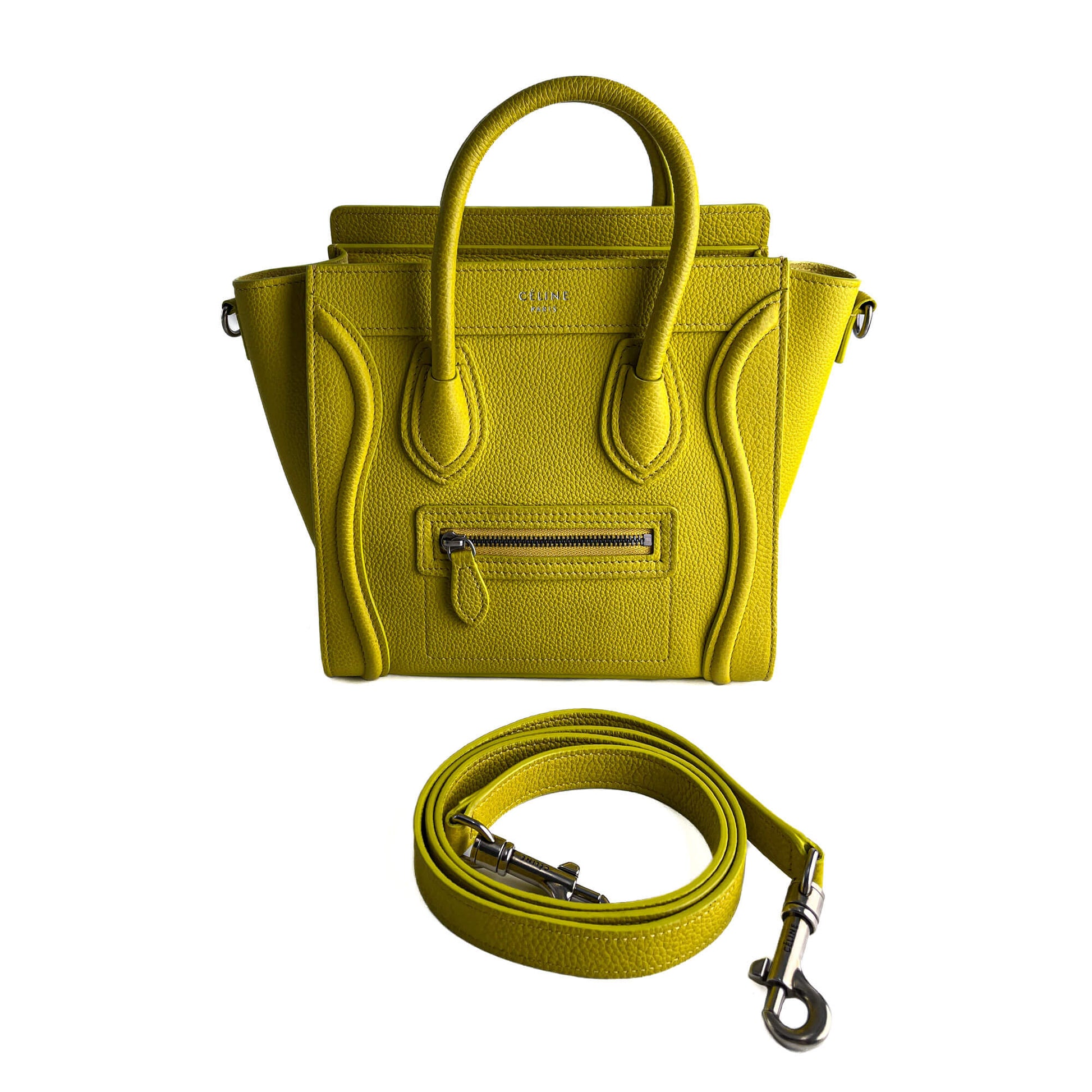 fahrradtaschen gelb Céline Luggage Nano Getrommelte Kalbsleder 2-Ways Tote Tasche Gelb