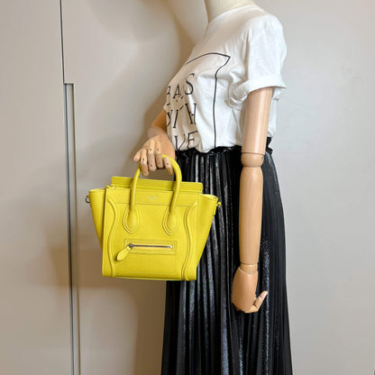 Second hand Céline Luggage Nano Drummed Calfskin Leather 2-Ways Tote Bag Yellow - Tabita Bags