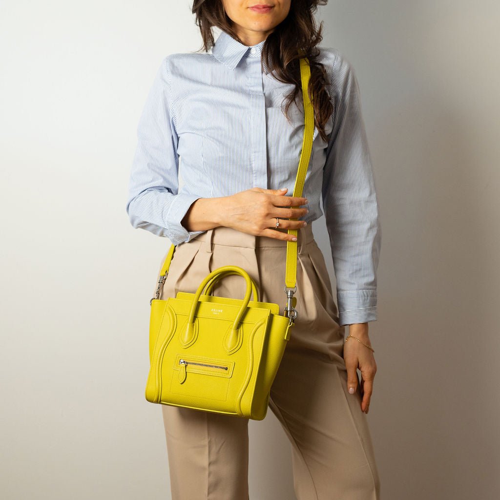 Second hand Céline Luggage Nano Drummed Calfskin Leather 2 - Ways Tote Bag Yellow - Tabita Bags