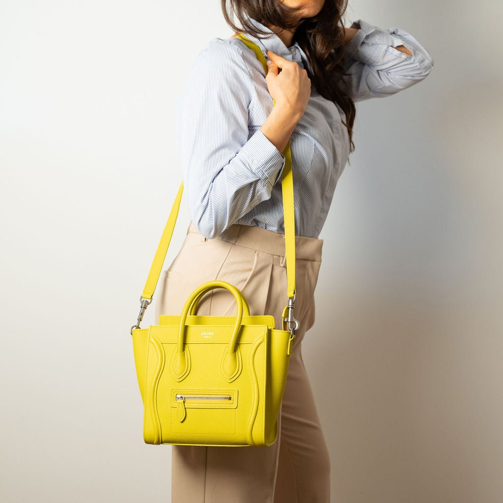 Second hand Céline Luggage Nano Drummed Calfskin Leather 2 - Ways Tote Bag Yellow - Tabita Bags