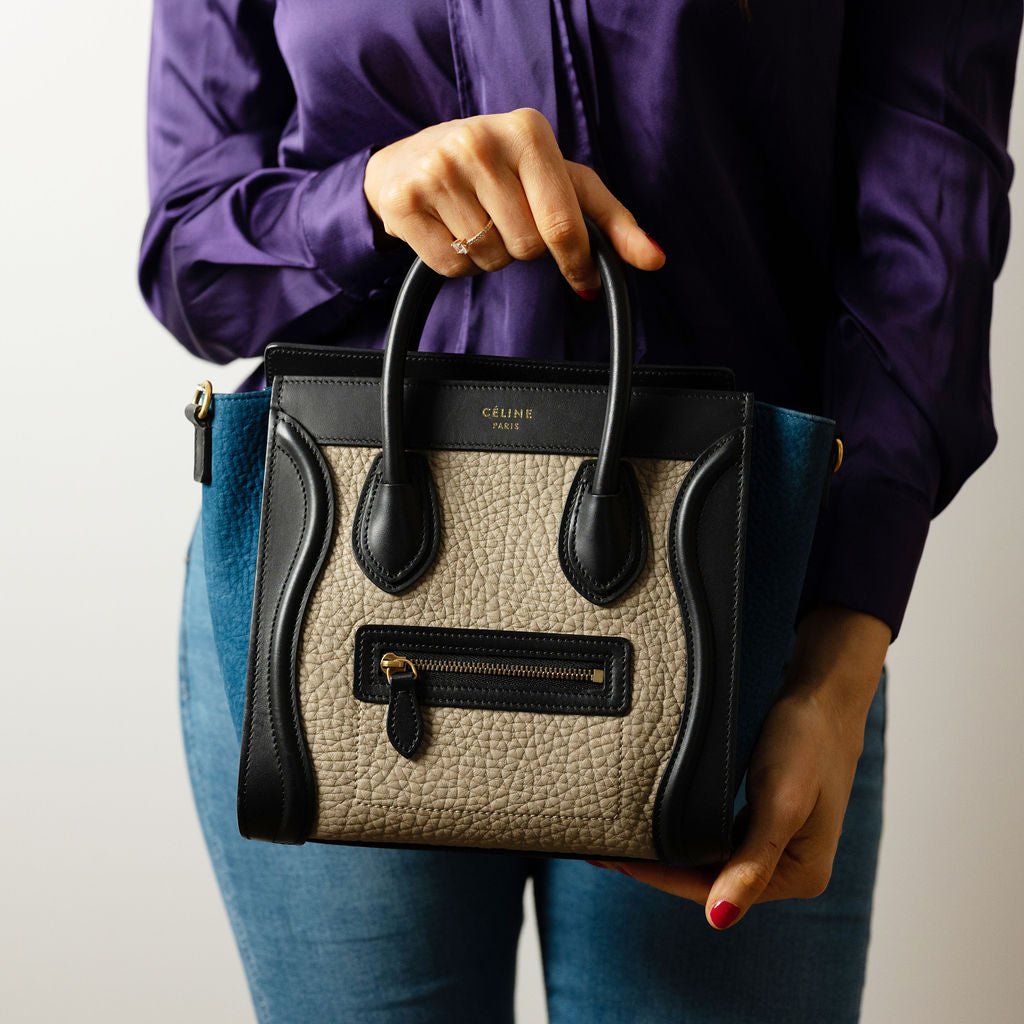 Céline Luggage Nano Leather Tote Bag Black & Beige - Tabita Bags