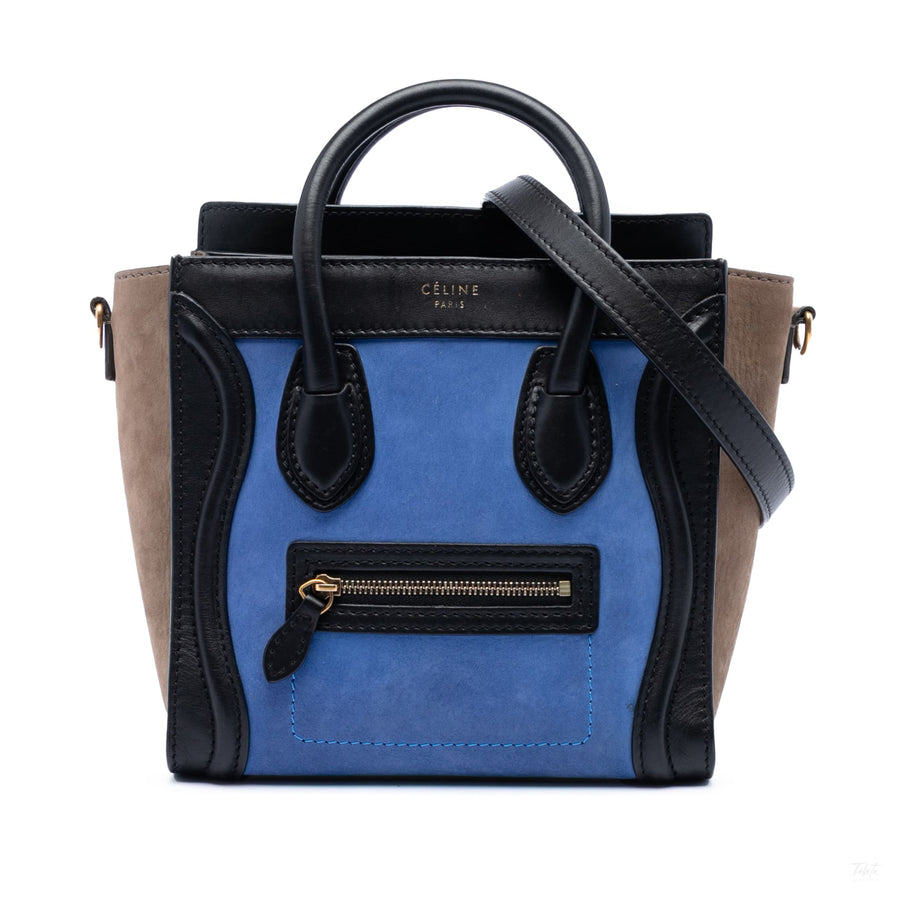 Second hand Céline Luggage Nano Nubuck and Drummed Calfskin Leather Tote Handbag Blue - Tabita Bags