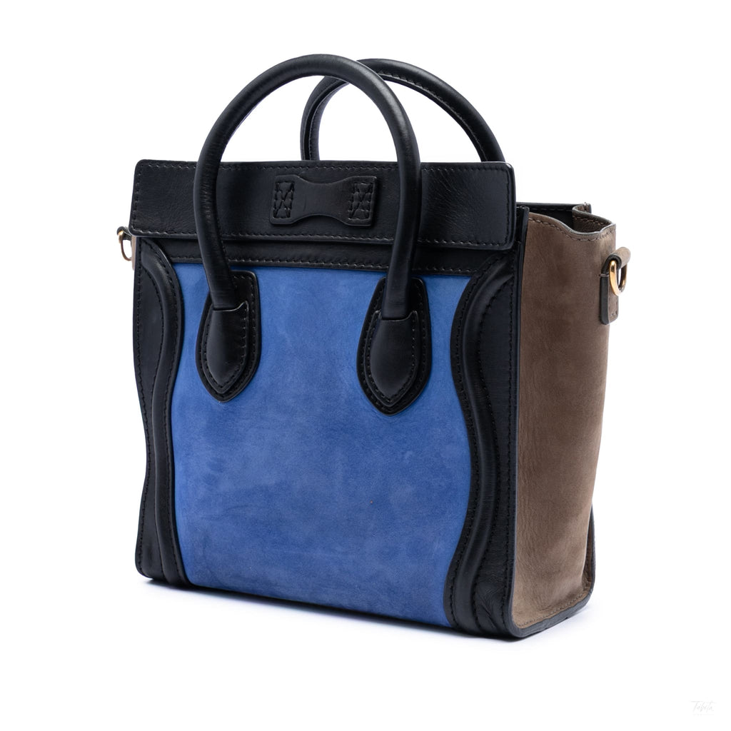 Second hand Céline Luggage Nano Nubuck and Drummed Calfskin Leather Tote Handbag Blue - Tabita Bags