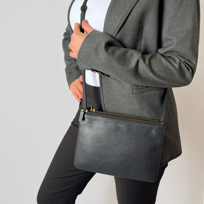 Céline Trio Leather 2-Ways Messenger Crossbody Black Tabita Bags