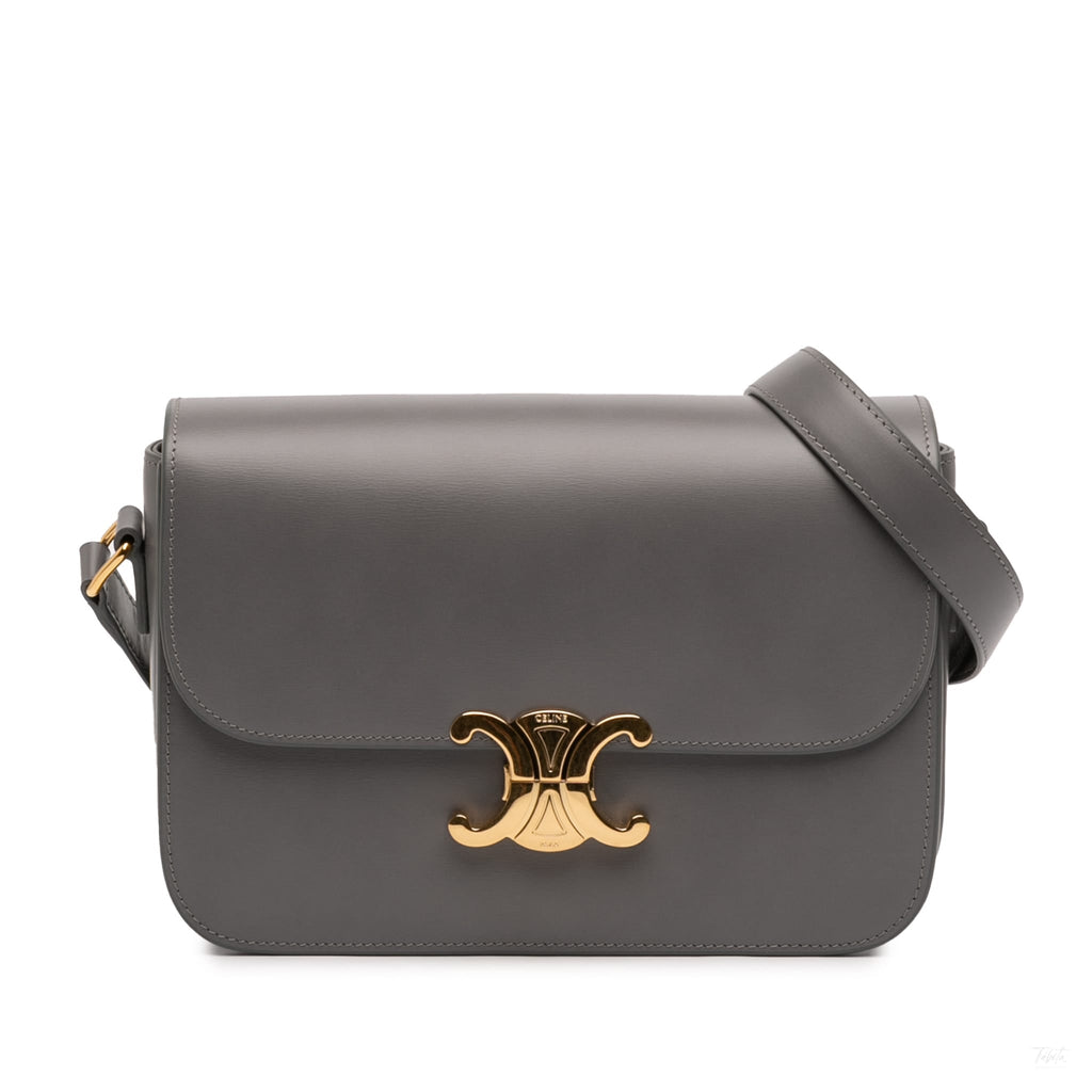 Second hand Céline Triomphe Classique Shiny Calfskin Leather Flap Crossbody Grey - Tabita Bags