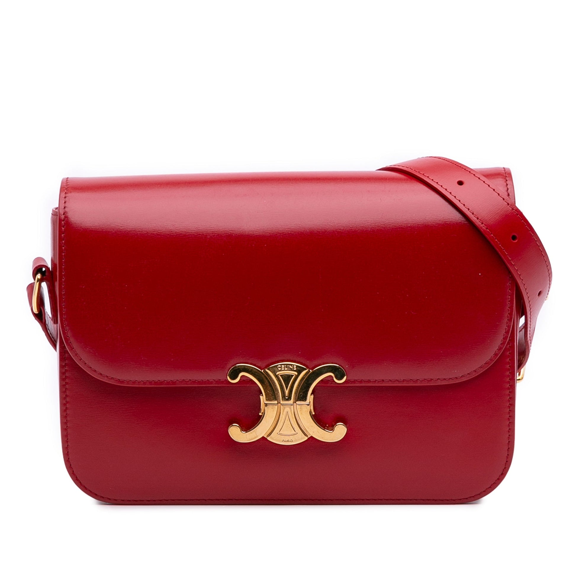 Second hand Céline Triomphe Classique Shiny Calfskin Leather Flap Crossbody Red - Tabita Bags
