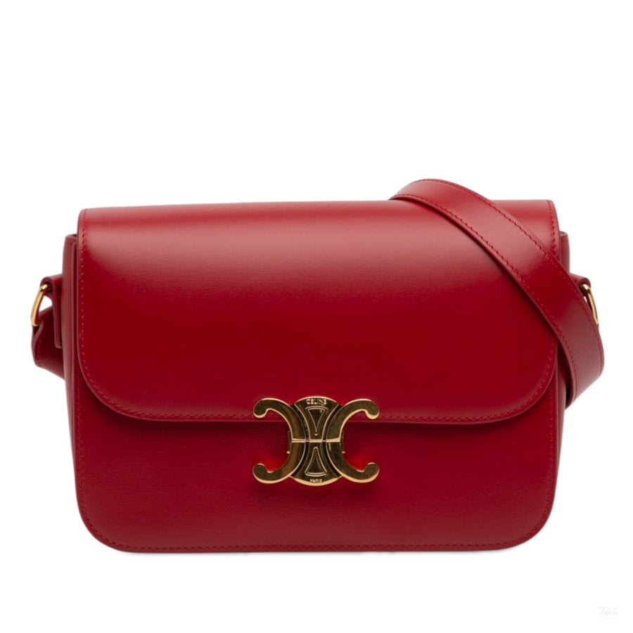 Second hand Céline Triomphe Classique Shiny Calfskin Leather Flap Crossbody Red - Tabita Bags