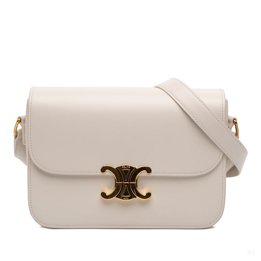 Second hand Céline Triomphe Classique Shiny Calfskin Leather Flap Crossbody White - Tabita Bags