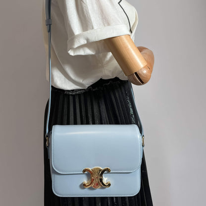 Second hand Céline Triomphe Teen Shiny Calfskin Leather 2-Ways Flap Bag Pale Blue - Tabita Bags