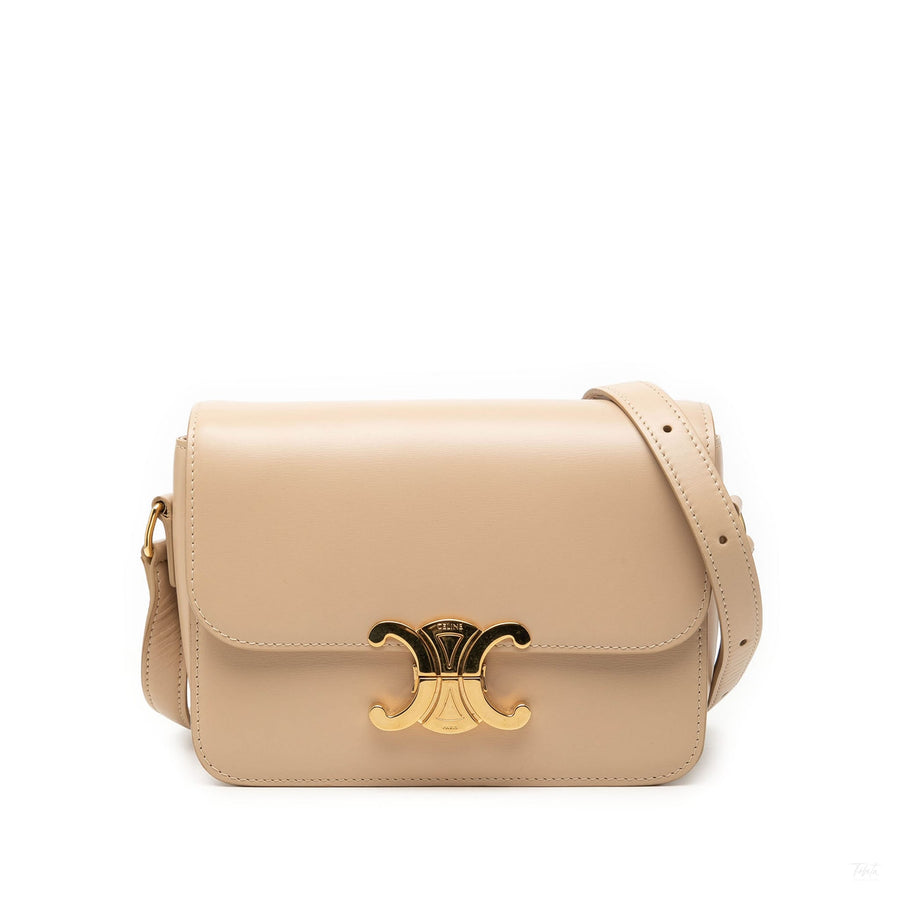 Second hand Céline Triomphe Teen Shiny Calfskin Leather Flap Crossbody Beige - Tabita Bags