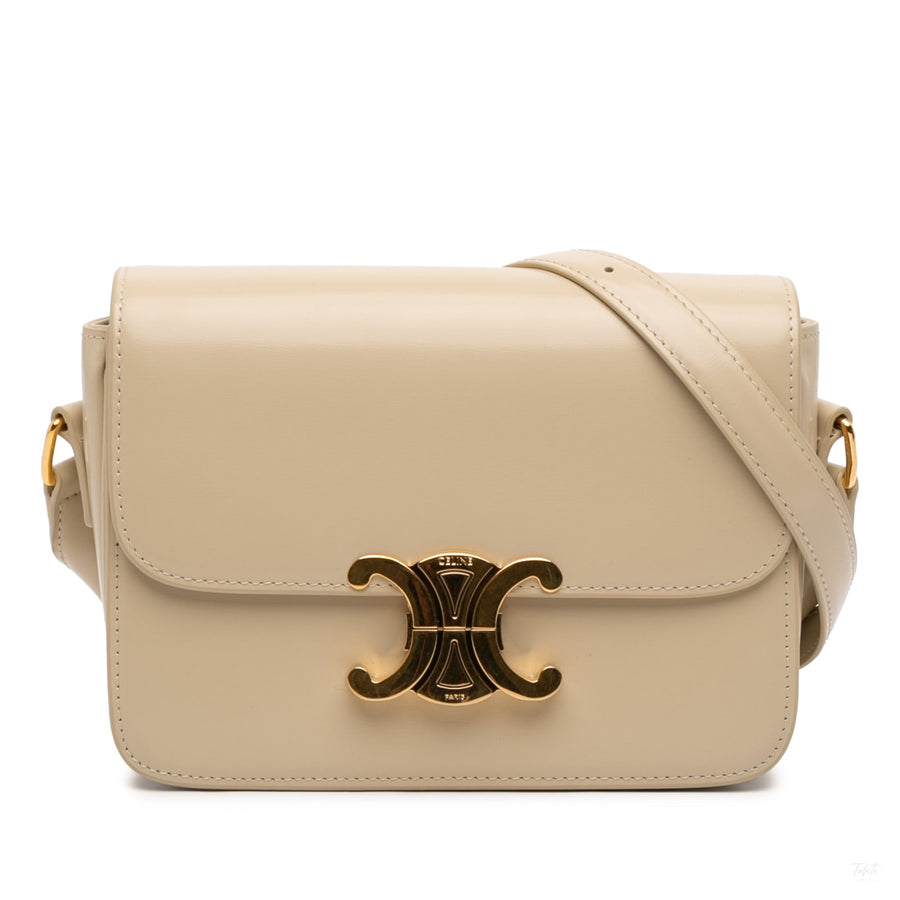 Second hand Céline Triomphe Teen Shiny Calfskin Leather Flap Crossbody Beige - Tabita Bags
