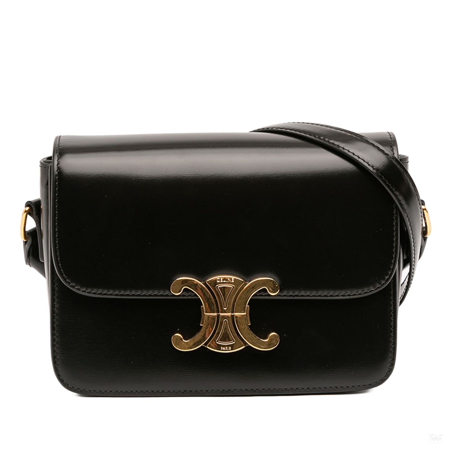 Second hand Céline Triomphe Teen Shiny Calfskin Leather Flap Crossbody Black - Tabita Bags