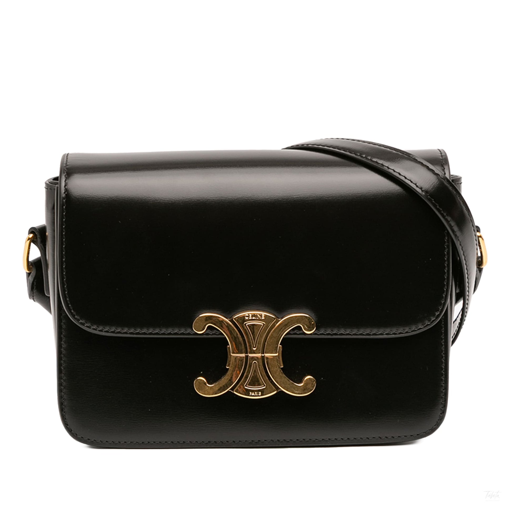Second hand Céline Triomphe Teen Shiny Calfskin Leather Flap Crossbody Black - Tabita Bags