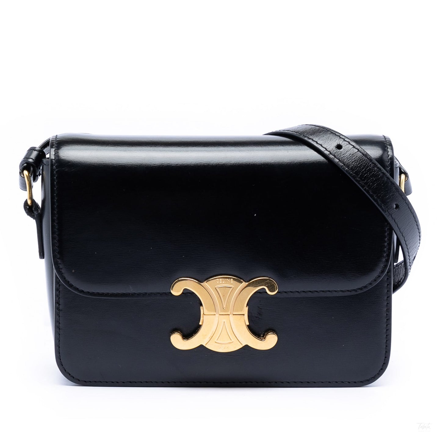 Second hand Céline Triomphe Teen Shiny Calfskin Leather Flap Crossbody Black - Tabita Bags