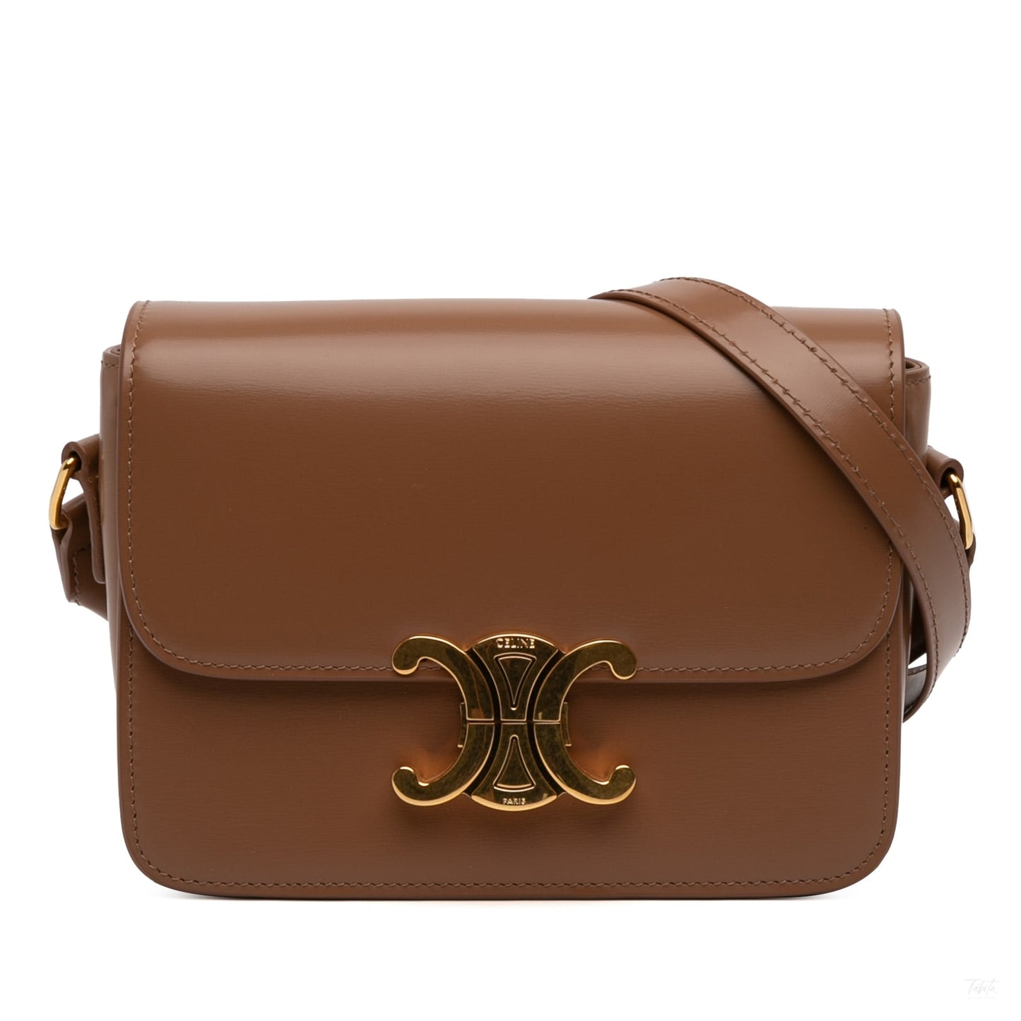Second hand Céline Triomphe Teen Shiny Calfskin Leather Flap Crossbody Brown - Tabita Bags