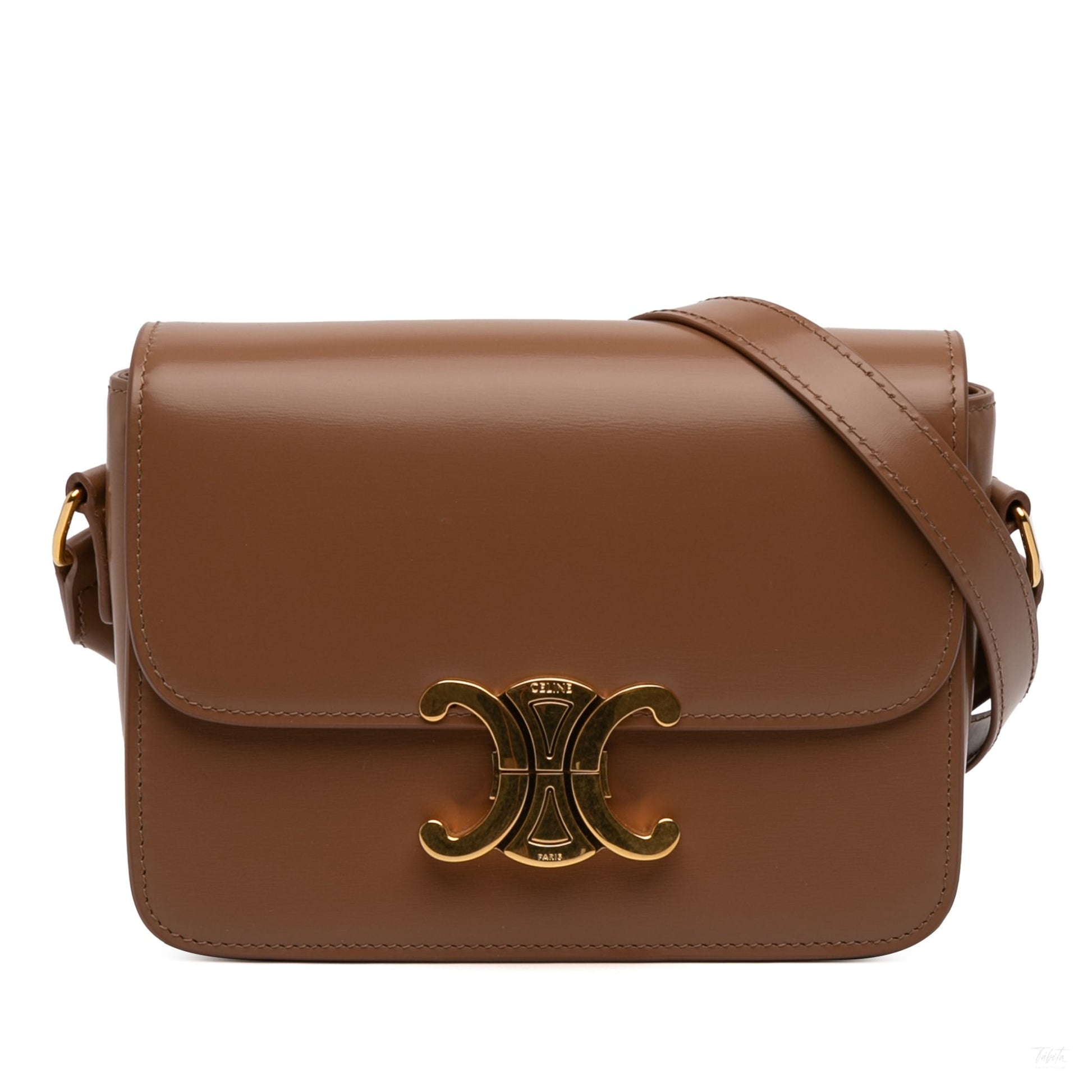 Second hand Céline Triomphe Teen Shiny Calfskin Leather Flap Crossbody Brown - Tabita Bags