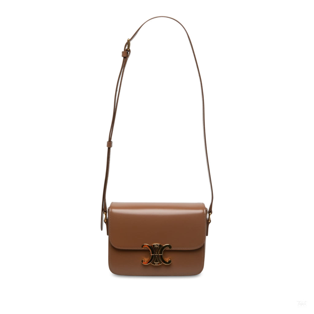 Second hand Céline Triomphe Teen Shiny Calfskin Leather Flap Crossbody Brown - Tabita Bags