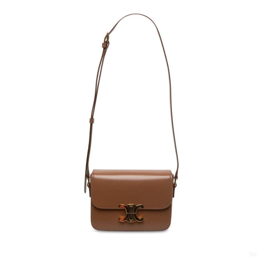Second hand Céline Triomphe Teen Shiny Calfskin Leather Flap Crossbody Brown - Tabita Bags