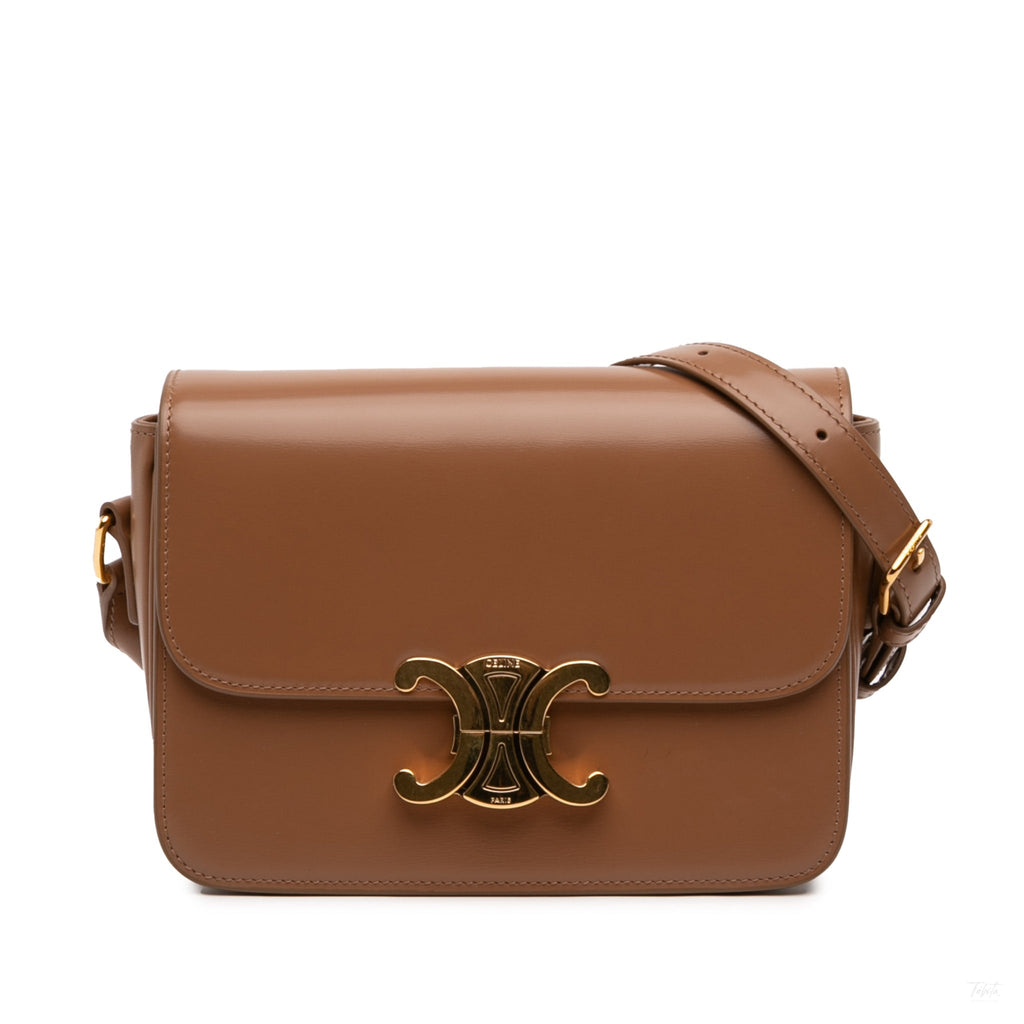Second hand Céline Triomphe Teen Shiny Calfskin Leather Flap Crossbody Brown - Tabita Bags