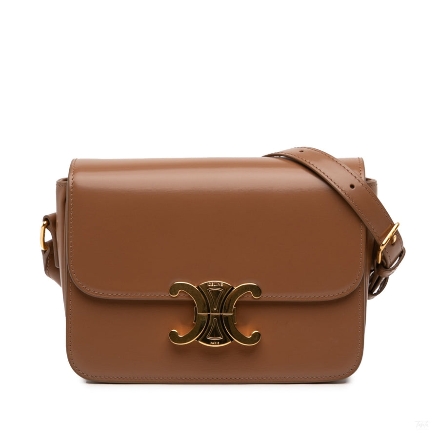 Second hand Céline Triomphe Teen Shiny Calfskin Leather Flap Crossbody Brown - Tabita Bags
