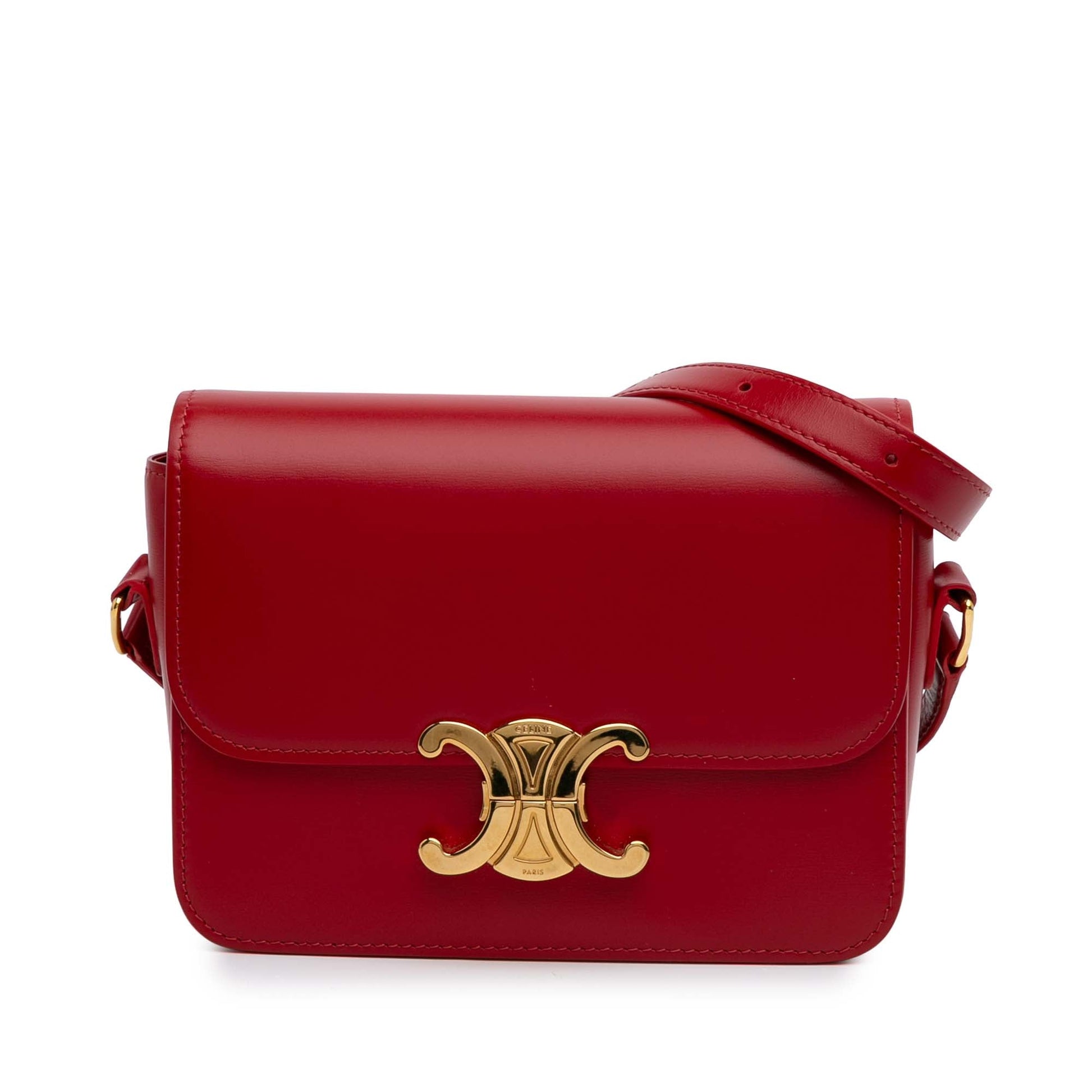 Second hand Céline Triomphe Teen Shiny Calfskin Leather Flap Crossbody Red - Tabita Bags