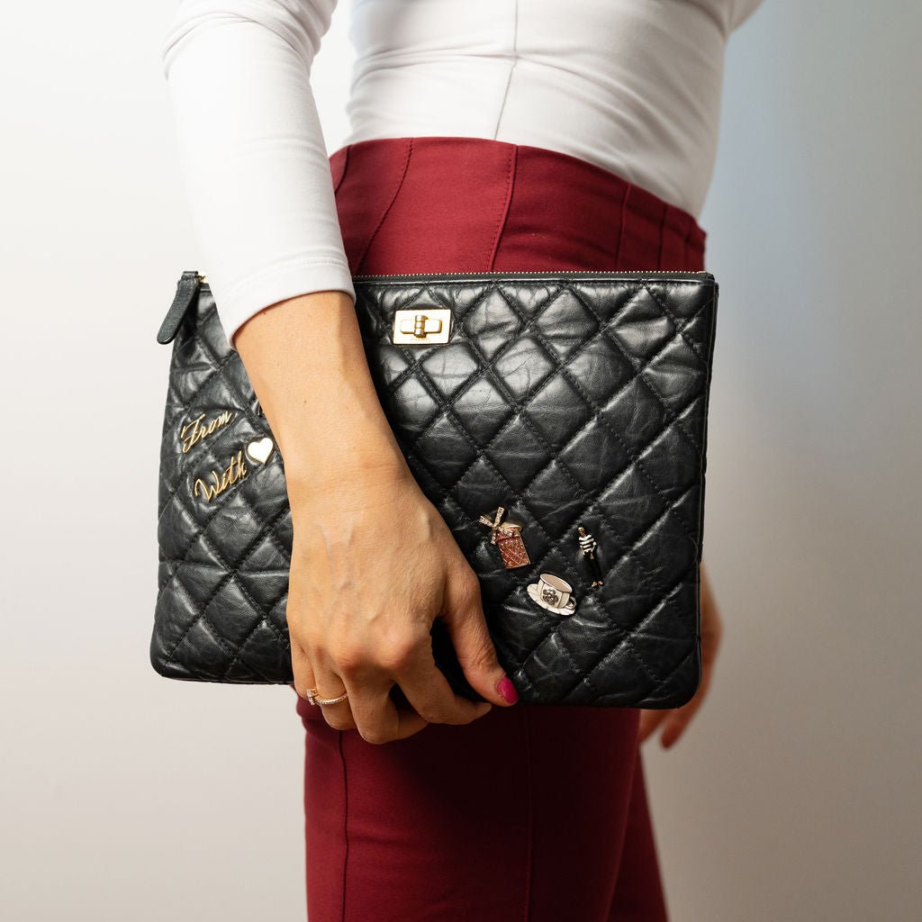 Second hand Chanel 2.55 Reissue Distressed Calfskin Leather Lucky Charm O Case Matelassè Pouch Black - Tabita Bags