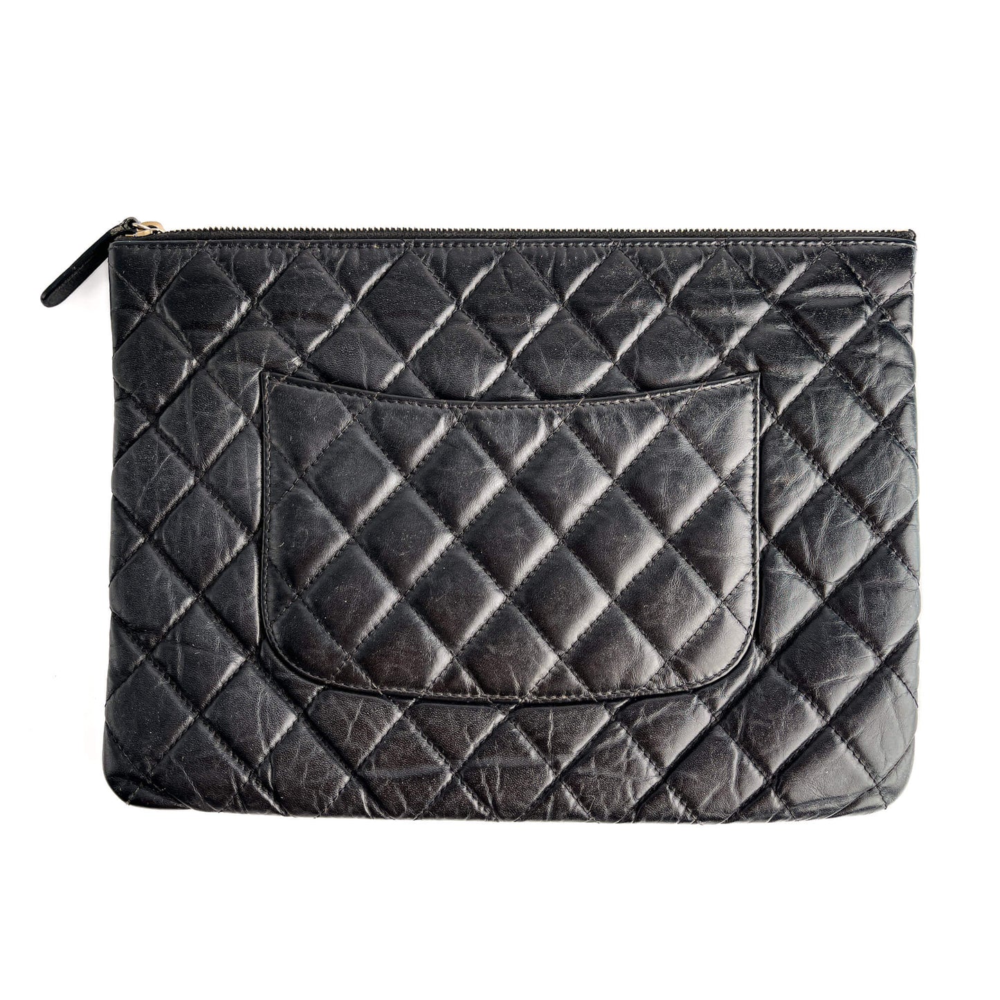 Second hand Chanel 2.55 Reissue Distressed Calfskin Leather Lucky Charm O Case Matelassè Pouch Black - Tabita Bags