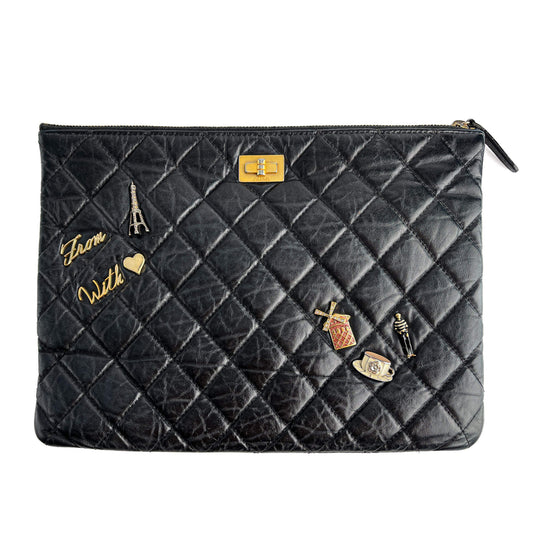 Second hand Chanel 2.55 Reissue Distressed Calfskin Leather Lucky Charm O Case Matelassè Pouch Black - Tabita Bags