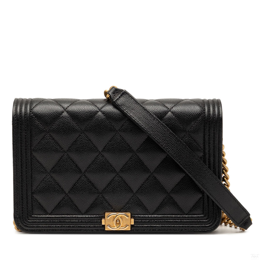 Second hand Chanel Boy Caviar Leather Quilted Wallet on Chain Crossbody Black - Tabita Bags