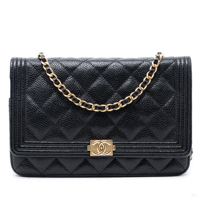 Second hand Chanel Boy Caviar Leather Quilted Wallet on Chain Crossbody Black - Tabita Bags
