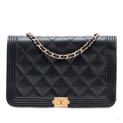 Second hand Chanel Boy Caviar Leather Quilted Wallet on Chain Crossbody Black - Tabita Bags