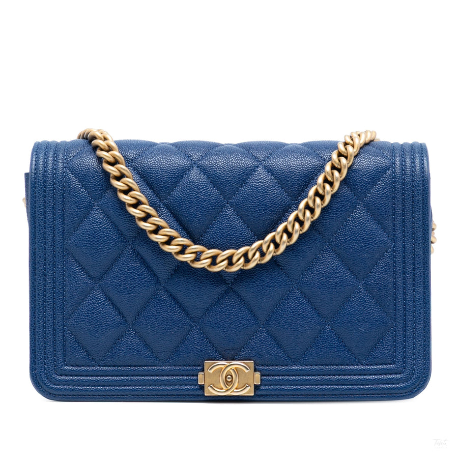 Second hand Chanel Boy Caviar Leather Quilted Wallet on Chain Crossbody Blue - Tabita Bags