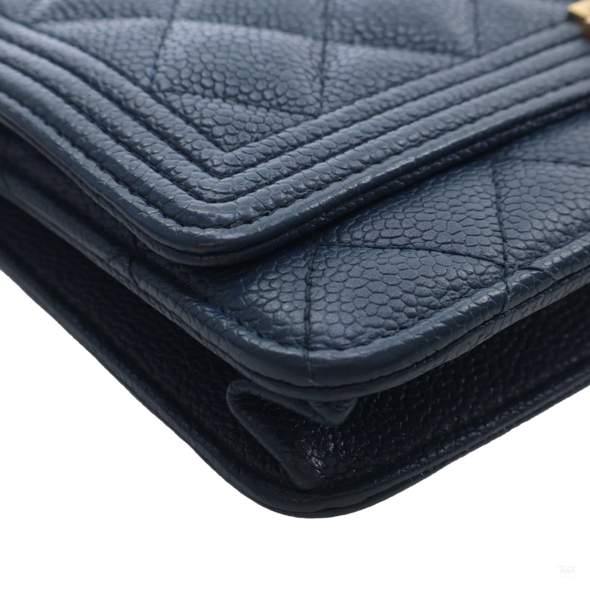 Second hand Chanel Boy Caviar Leather Quilted Wallet on Chain Crossbody Blue - Tabita Bags